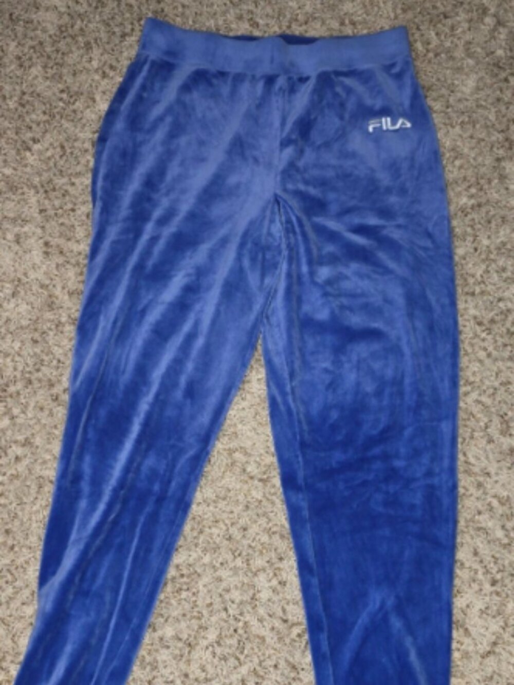 Fila Joggers Women’s Large Navy Blue Velour Velvet Logo Sweatpants Stretch